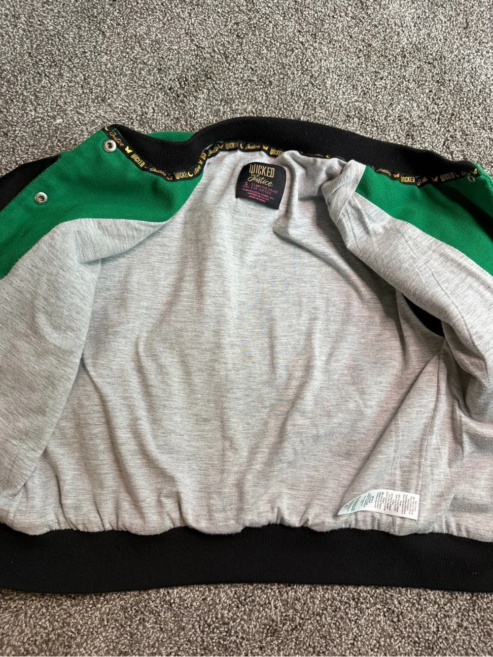 Wicked x Justice Girls Small 7/8 Varsity Jacket Green Black Elphaba